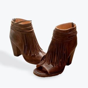 Bed Stu Onset Olivia Peep toe fringe brown leather boots 8